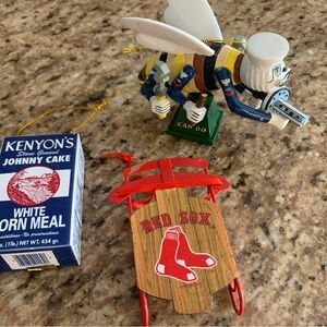 My Little Town-R.I. Navy Sea Bee, Kenyon’s Johnny Cake, Boston Sox Sled Ornament